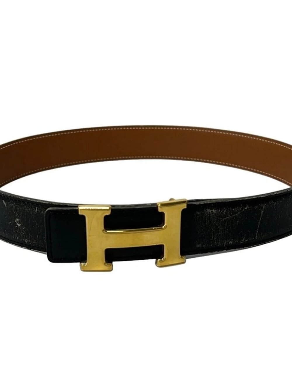 HERMES H Belt Black Gold Leather Hardware Square B Belt